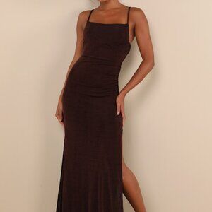 Lulus Complete Catch Brown Backless Lace Ruched Maxi Dress - Size S